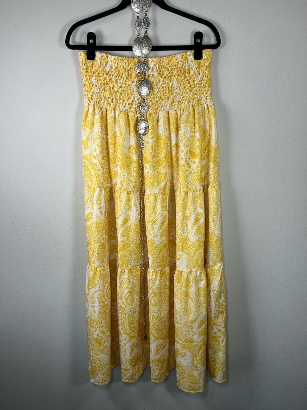 Shein Tiered Maxi Skirt Yellow White Paisley Concho Belt Cottage Western XL Tall
